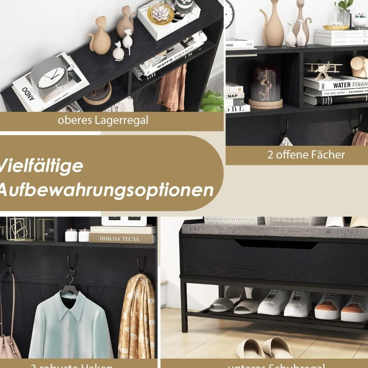 4 in 1 Garderobe mit Sitzbank & Schuhschrank & 3 Haken Garderobenständer Kleiderständer