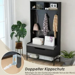 4 in 1 Garderobe mit Sitzbank & Schuhschrank & 3 Haken Garderobenständer Kleiderständer
