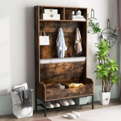 4 in 1 Garderobe mit Sitzbank & Schuhschrank & 3 Haken Garderobenständer Kleiderständer