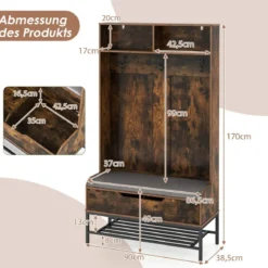 4 in 1 Garderobe mit Sitzbank & Schuhschrank & 3 Haken Garderobenständer Kleiderständer
