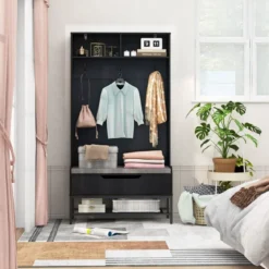 4 in 1 Garderobe mit Sitzbank & Schuhschrank & 3 Haken Garderobenständer Kleiderständer