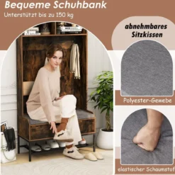 4 in 1 Garderobe mit Sitzbank & Schuhschrank & 3 Haken Garderobenständer Kleiderständer