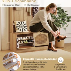 4-in-1 Garderobenbaum Eingangsbank mit Garderobe & Klappschubladen Bauernhaus-Aufbewahrungsorganizer Natur