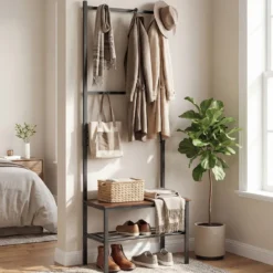 3-in-1 Garderobenständer mit Haken Schuhbank und Regal 60 × 30 × 166 cm Rustikalbraun