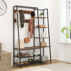 5 in 1 Garderobenständer mit Schuhbank & 9 Haken & 5 Seitenablagen & 2 Gitterregalen