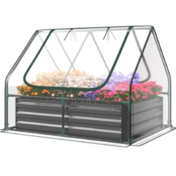 3 in 1 Gewächshaus mit Hochbeet Metall Pflanzkasten PVC-Folie Blumenbeet mit zwei Fenstern Silber 129 x 97 x 96 cm