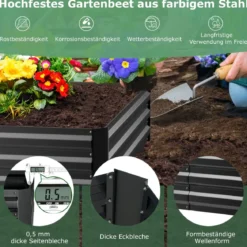 3 in 1 Gewächshaus mit Hochbeet Metall Pflanzkasten PVC-Folie Blumenbeet mit zwei Fenstern Silber 129 x 97 x 96 cm