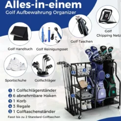 4 in 1 Golf Organizer mit Haken & Korb Golfschläger-Organizer mit Rollen
