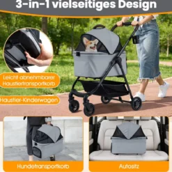 3 in 1 Haustierbuggy mit Abnehmbarem Träger & Verstellbarem Netzdach Hundebuggy Grau