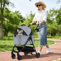 3 in 1 Haustierbuggy mit Abnehmbarem Träger & Verstellbarem Netzdach Hundebuggy Grau