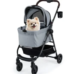 3 in 1 Haustierbuggy mit Abnehmbarem Träger & Verstellbarem Netzdach Hundebuggy Grau