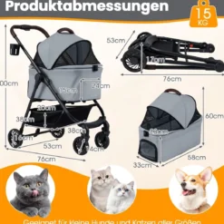 3 in 1 Haustierbuggy mit Abnehmbarem Träger & Verstellbarem Netzdach Hundebuggy Grau