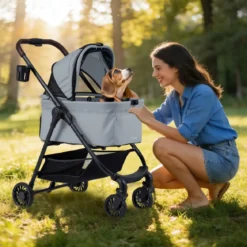 3 in 1 Haustierbuggy mit Abnehmbarem Träger & Verstellbarem Netzdach Hundebuggy Grau