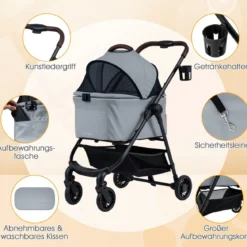 3 in 1 Haustierbuggy mit Abnehmbarem Träger & Verstellbarem Netzdach Hundebuggy Grau