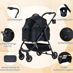 3 in 1 Haustierbuggy mit Abnehmbarem Träger & Verstellbarem Netzdach Hundebuggy Schwarz