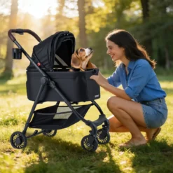 3 in 1 Haustierbuggy mit Abnehmbarem Träger & Verstellbarem Netzdach Hundebuggy Schwarz