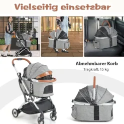 3 in 1 Haustierwagen bis 15 kg mit Wasserdichter Abdeckung Aufbewahrungskorb & Teleskopgriff