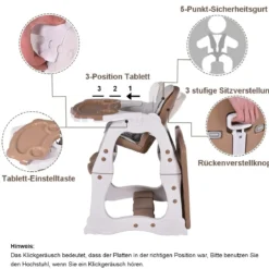 3 in 1 Hochstuhl & Babystuhl & Sitzgruppe mit in 3 Positionen Anpassbarem Essenstablett