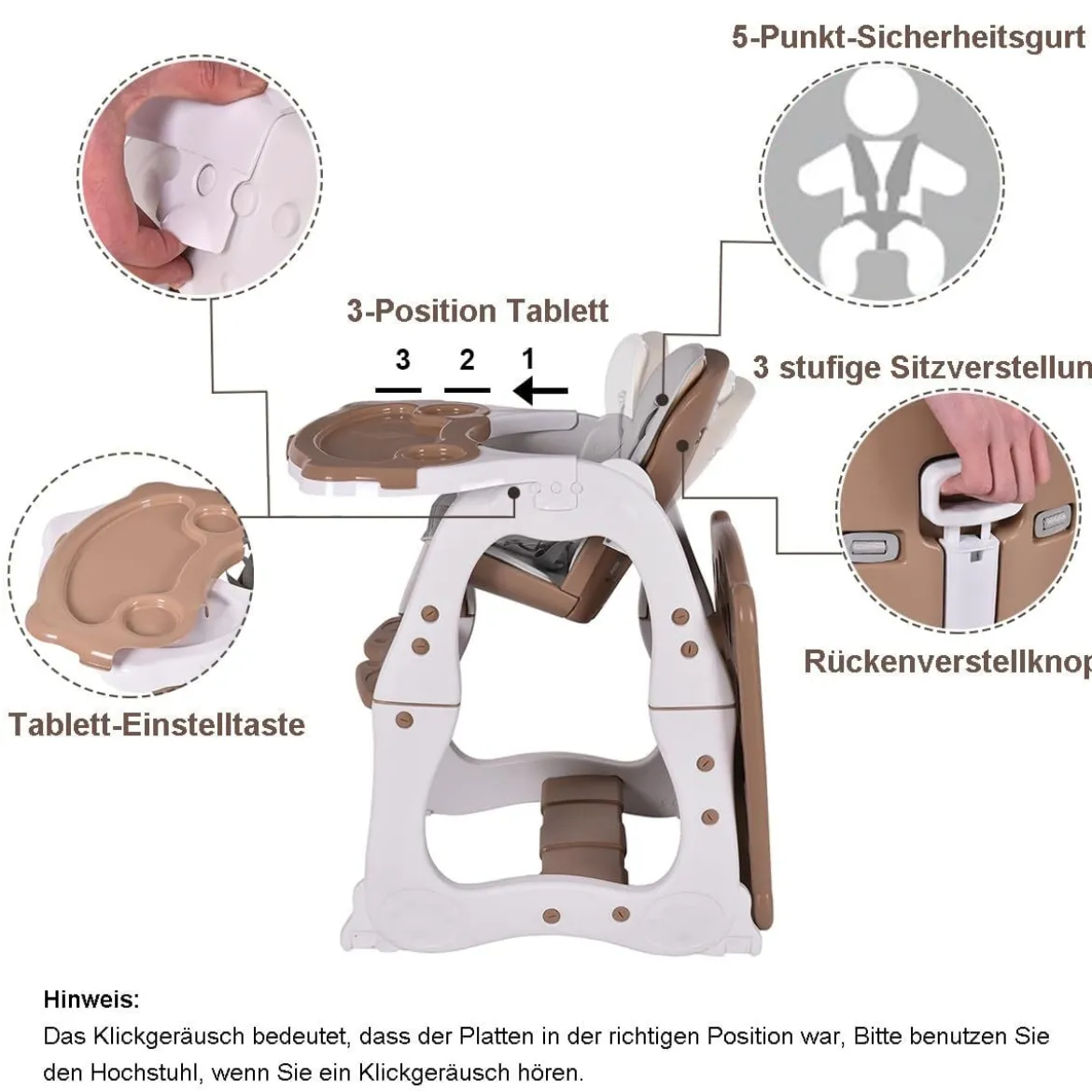 3 in 1 Hochstuhl & Babystuhl & Sitzgruppe mit in 3 Positionen Anpassbarem Essenstablett
