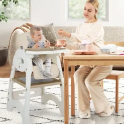 6 in 1 Hochstuhl mit Lerntisch & Abnehmbarem Doppeltablett & Sicherheitsgurt Beige