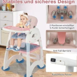 6 in 1 Hochstuhl mit Lerntisch & Abnehmbarem Doppeltablett & Sicherheitsgurt Rosa
