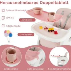 6 in 1 Hochstuhl mit Lerntisch & Abnehmbarem Doppeltablett & Sicherheitsgurt Rosa