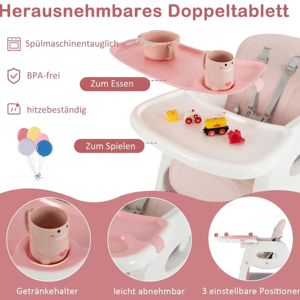 6 in 1 Hochstuhl mit Lerntisch & Abnehmbarem Doppeltablett & Sicherheitsgurt Rosa