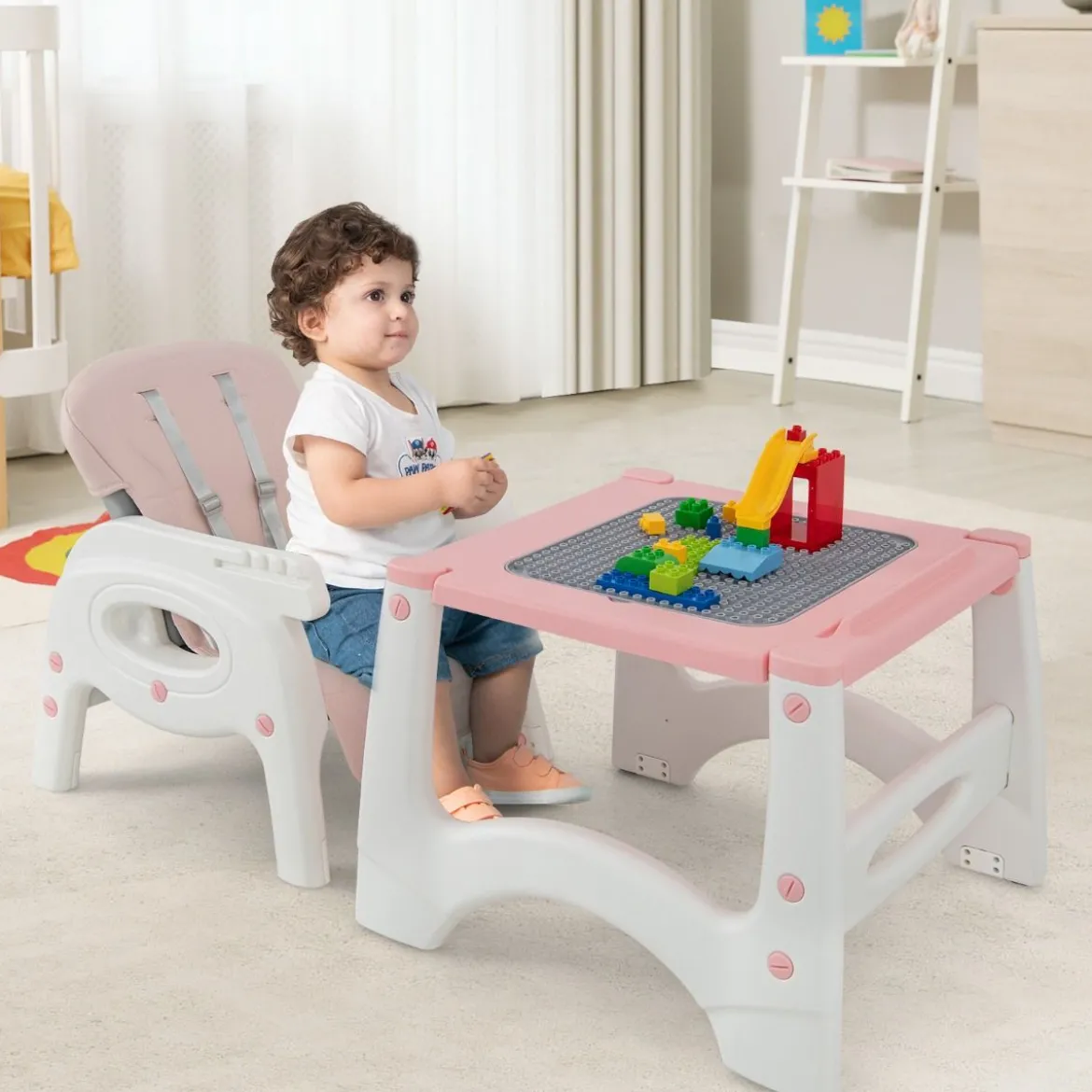6 in 1 Hochstuhl mit Lerntisch & Abnehmbarem Doppeltablett & Sicherheitsgurt Rosa