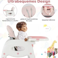 6 in 1 Hochstuhl mit Lerntisch & Abnehmbarem Doppeltablett & Sicherheitsgurt Rosa