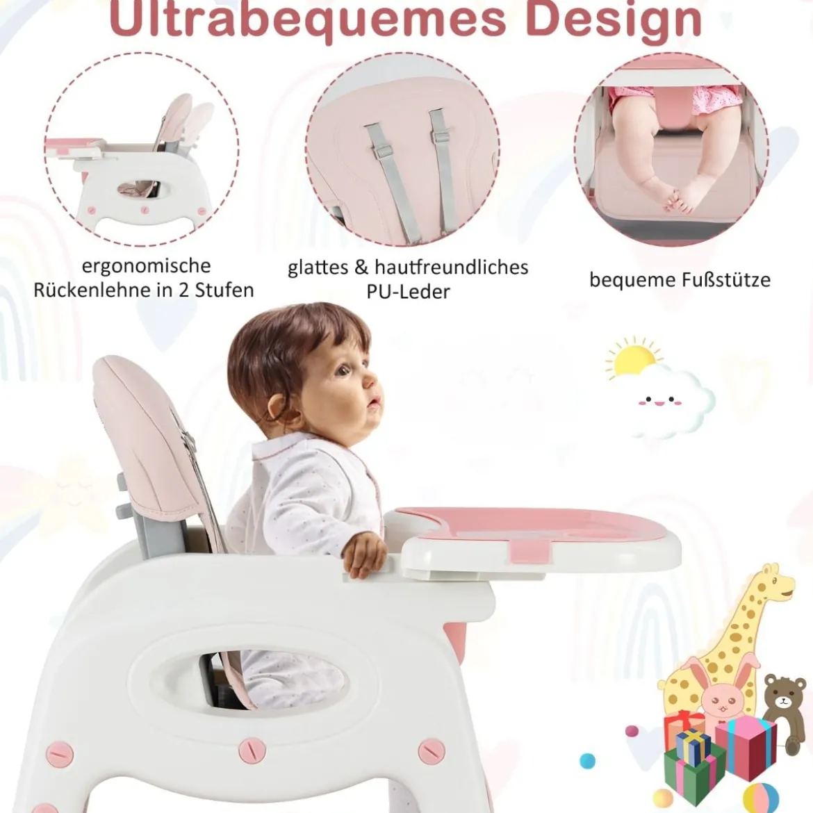 6 in 1 Hochstuhl mit Lerntisch & Abnehmbarem Doppeltablett & Sicherheitsgurt Rosa