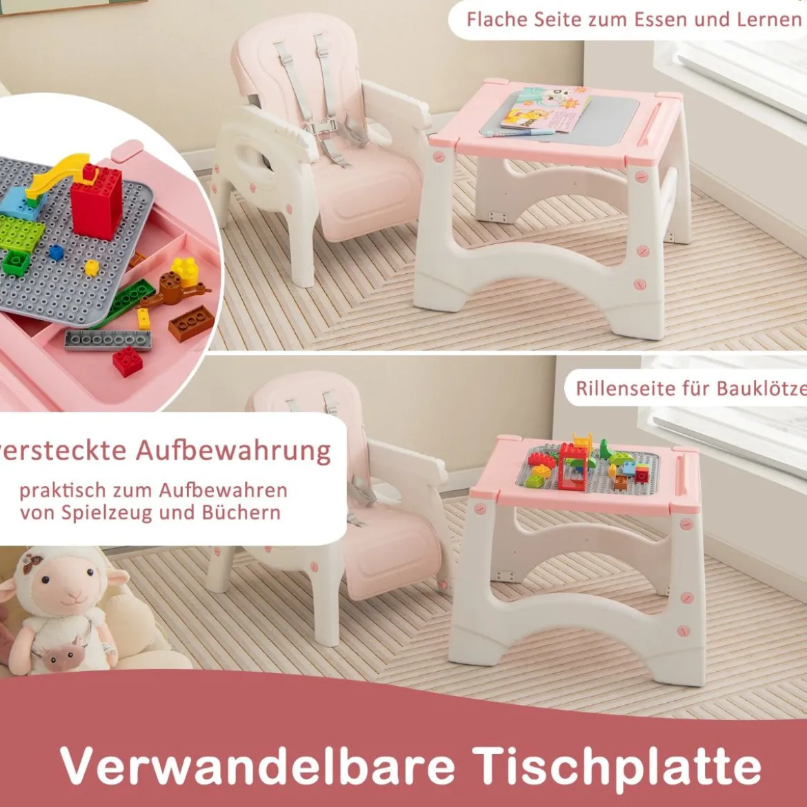 6 in 1 Hochstuhl mit Lerntisch & Abnehmbarem Doppeltablett & Sicherheitsgurt Rosa