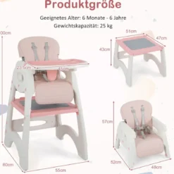 6 in 1 Hochstuhl mit Lerntisch & Abnehmbarem Doppeltablett & Sicherheitsgurt Rosa