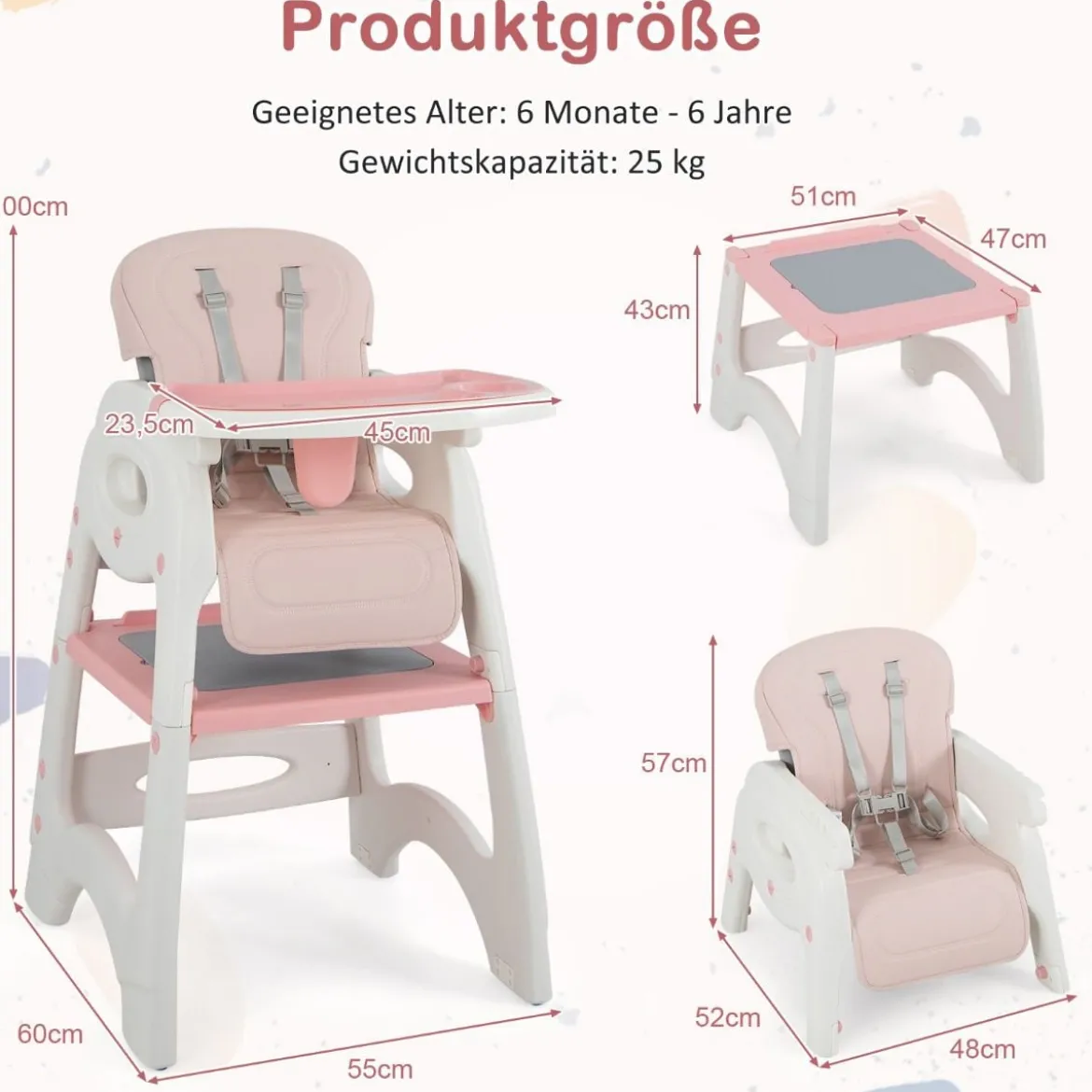 6 in 1 Hochstuhl mit Lerntisch & Abnehmbarem Doppeltablett & Sicherheitsgurt Rosa