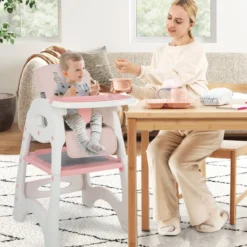 6 in 1 Hochstuhl mit Lerntisch & Abnehmbarem Doppeltablett & Sicherheitsgurt Rosa