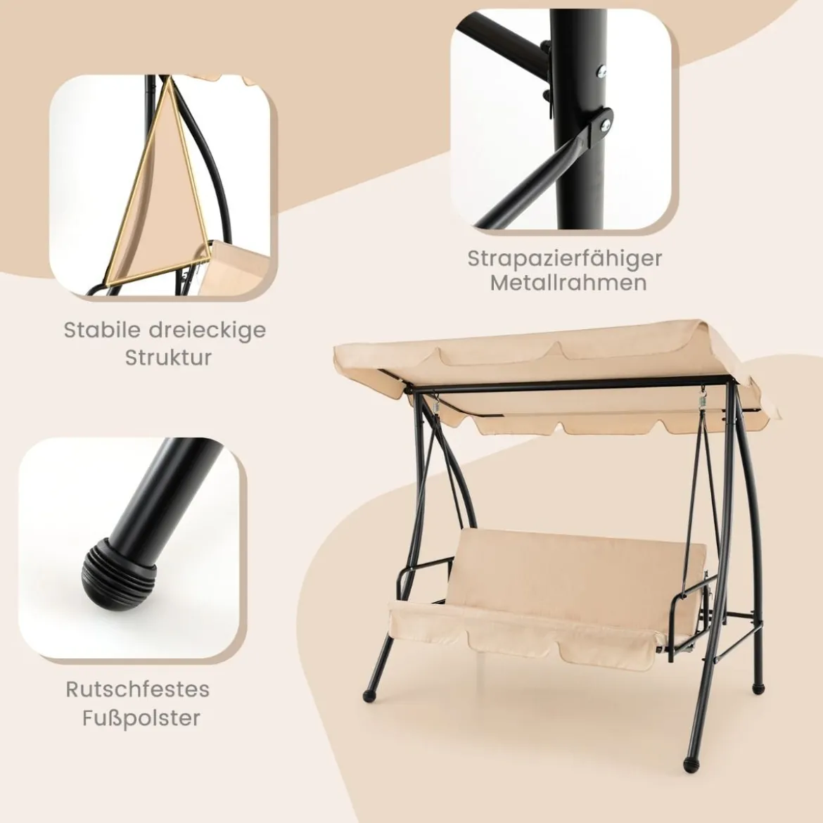 2-in-1 Hollywoodschaukel Umwandelbare Gartenschaukel mit Flachbett-Modus Beige