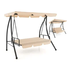 2-in-1 Hollywoodschaukel Umwandelbare Gartenschaukel mit Flachbett-Modus Beige