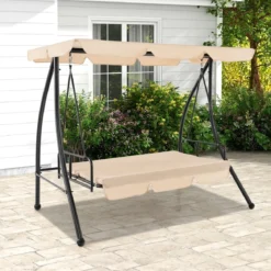 2-in-1 Hollywoodschaukel Umwandelbare Gartenschaukel mit Flachbett-Modus Beige
