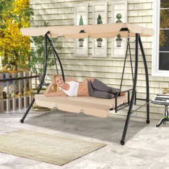 2-in-1 Hollywoodschaukel Umwandelbare Gartenschaukel mit Flachbett-Modus Beige