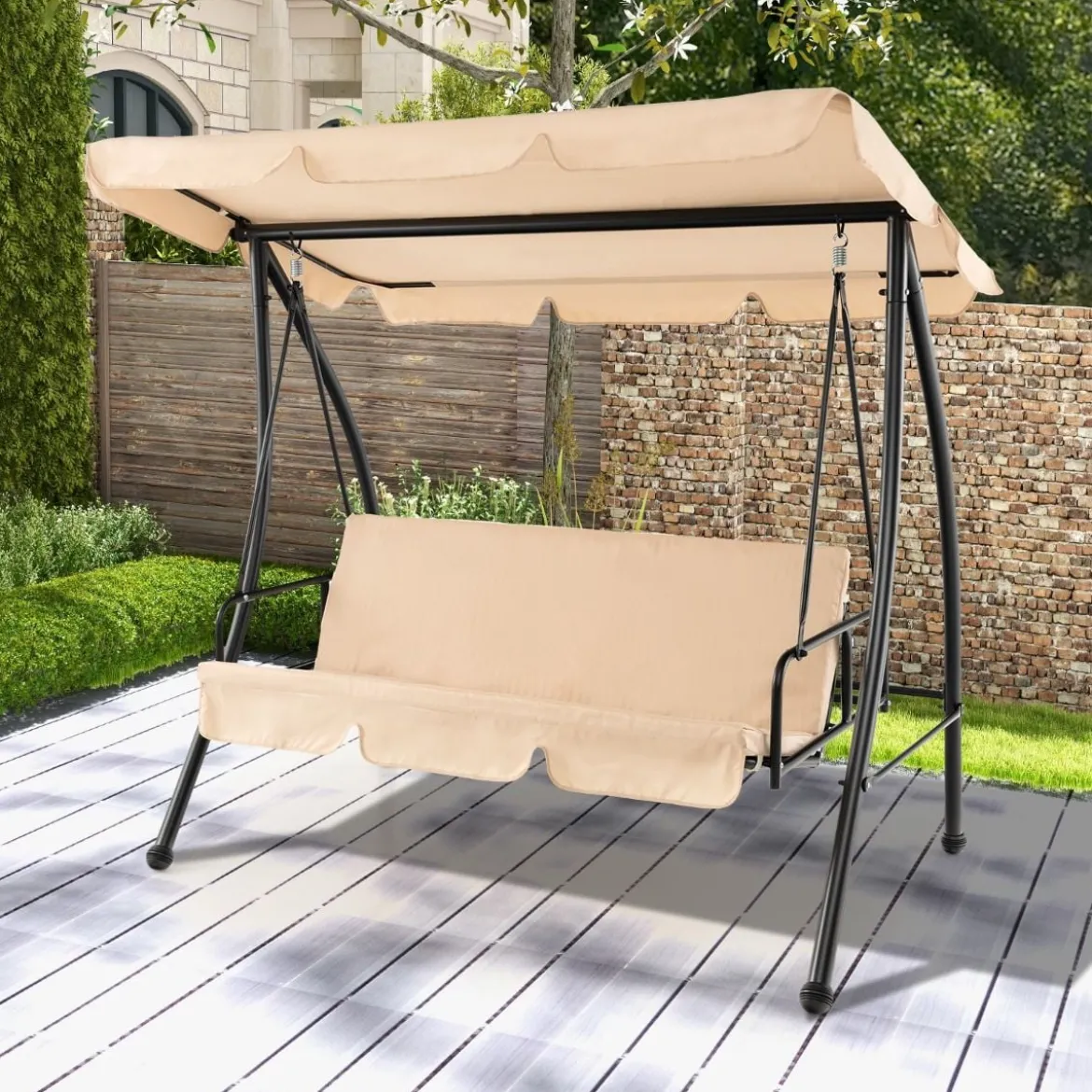 2-in-1 Hollywoodschaukel Umwandelbare Gartenschaukel mit Flachbett-Modus Beige