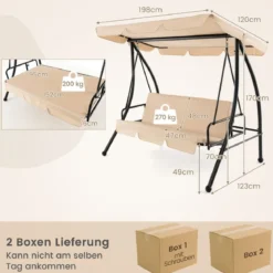 2-in-1 Hollywoodschaukel Umwandelbare Gartenschaukel mit Flachbett-Modus Beige