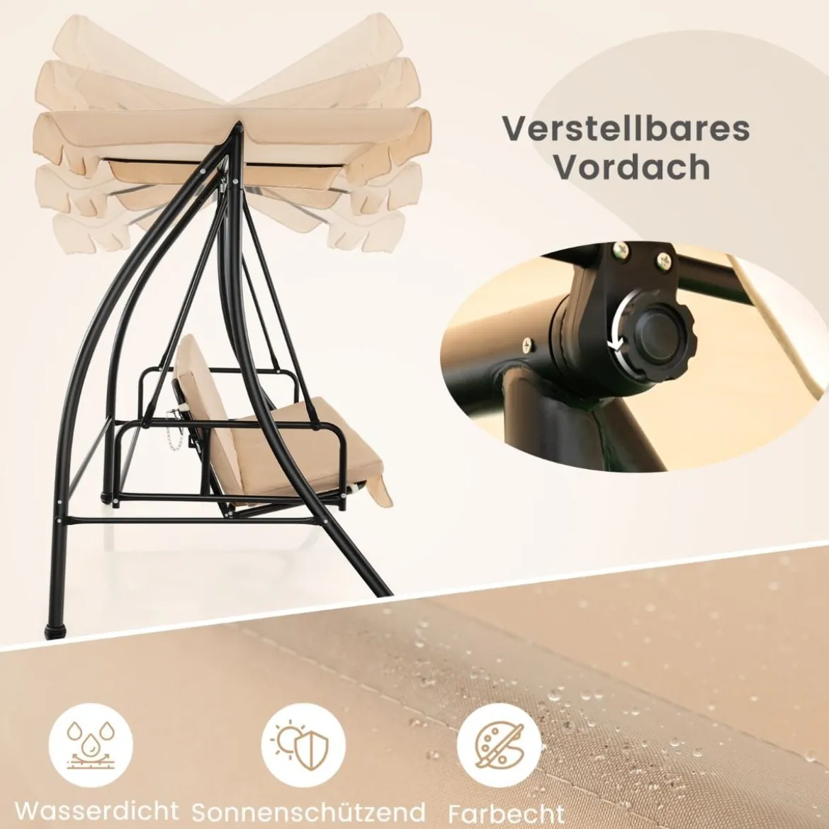2-in-1 Hollywoodschaukel Umwandelbare Gartenschaukel mit Flachbett-Modus Beige