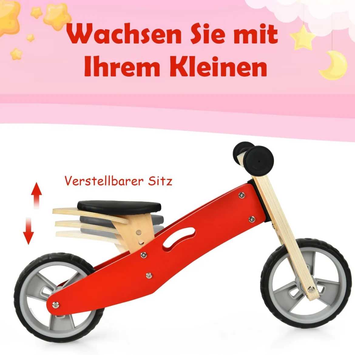 2-in-1 Holz-Balance-Bike und Dreirad Kleinkind Fahrrad ohne Pedale mit verstellbarem Sitz Rot + Natur
