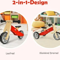 2-in-1 Holz-Balance-Bike und Dreirad Kleinkind Fahrrad ohne Pedale mit verstellbarem Sitz Rot + Natur