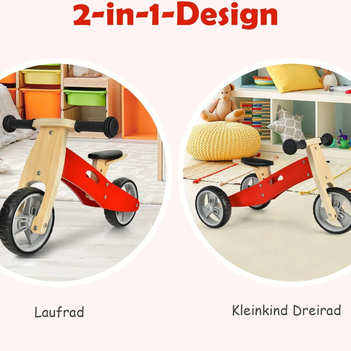 2-in-1 Holz-Balance-Bike und Dreirad Kleinkind Fahrrad ohne Pedale mit verstellbarem Sitz Rot + Natur