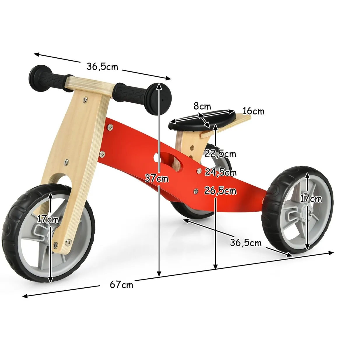 2-in-1 Holz-Balance-Bike und Dreirad Kleinkind Fahrrad ohne Pedale mit verstellbarem Sitz Rot + Natur