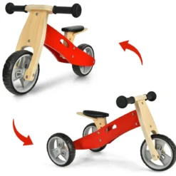 2-in-1 Holz-Balance-Bike und Dreirad Kleinkind Fahrrad ohne Pedale mit verstellbarem Sitz Rot + Natur