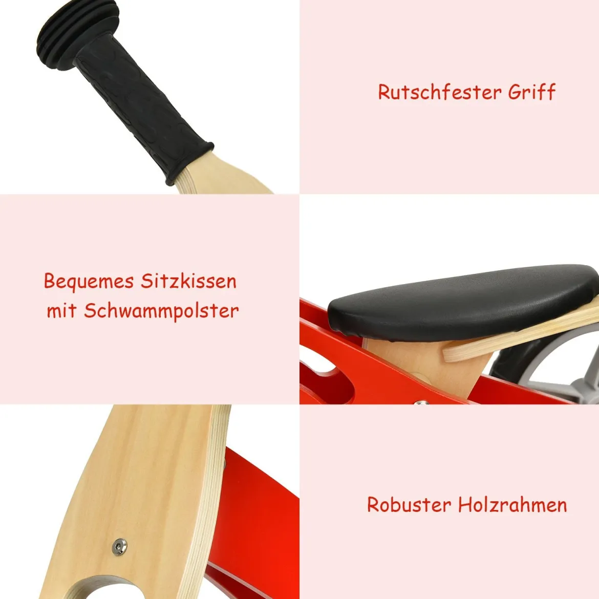 2-in-1 Holz-Balance-Bike und Dreirad Kleinkind Fahrrad ohne Pedale mit verstellbarem Sitz Rot + Natur