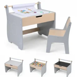 3 in 1 Holz Kindersitzgruppe mit Wendbarer & Abnembarer TischplatteKindertisch mit Stuhl Grau