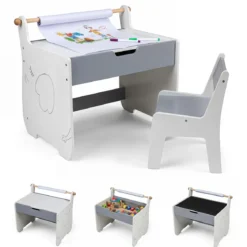 3 in 1 Holz Kindersitzgruppe mit Wendbarer & Abnembarer Tischplatte Kindertisch mit Stuhl Grau+Weiß