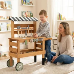 2-in-1 Holz-Kinderwagen & Werkzeugbank Spiel-Werkbank mit realistischen Werkzeugen Natur